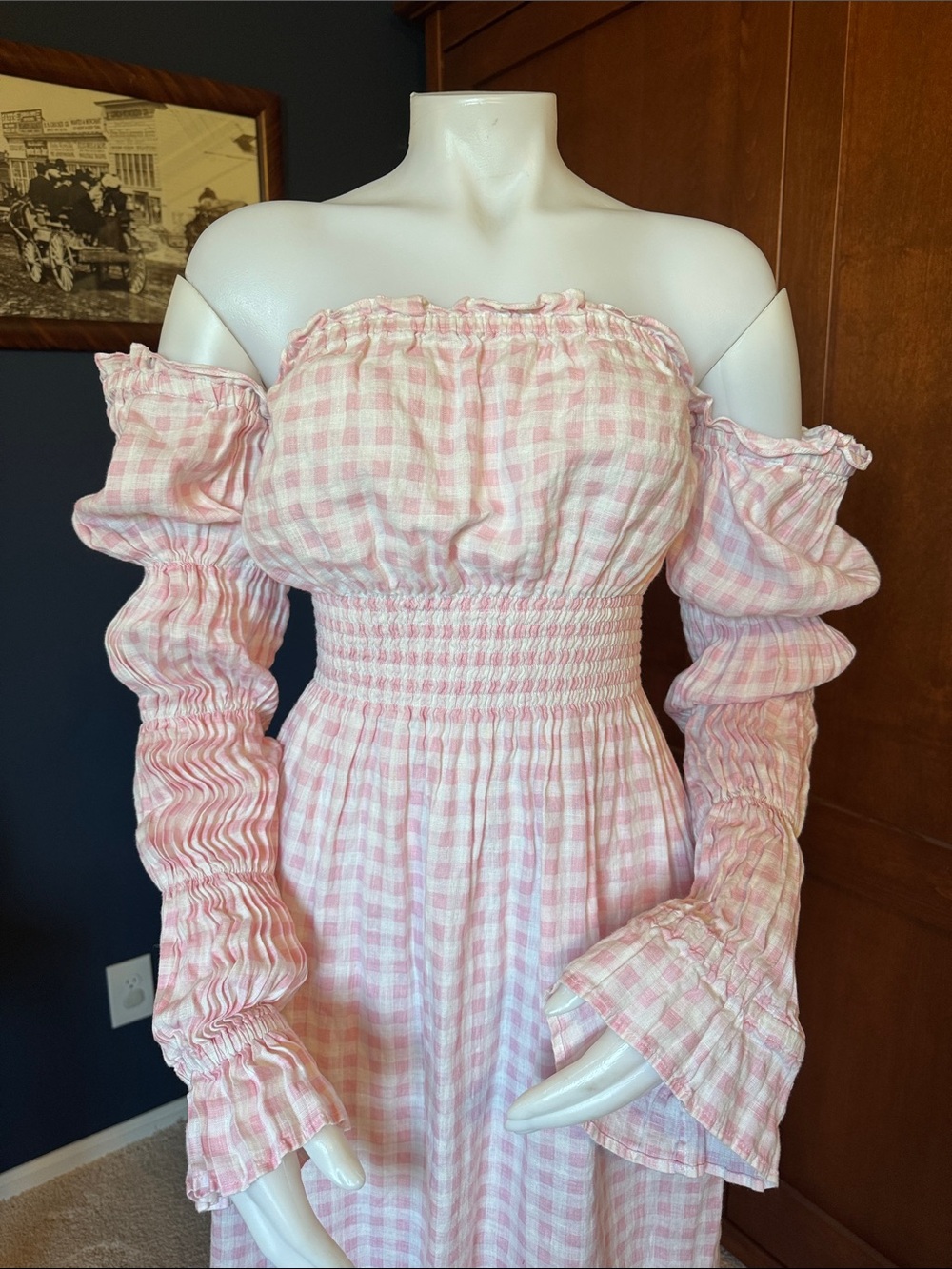 Sleeper Pink Gingham Off-Shoulder Smocked Midi Dress